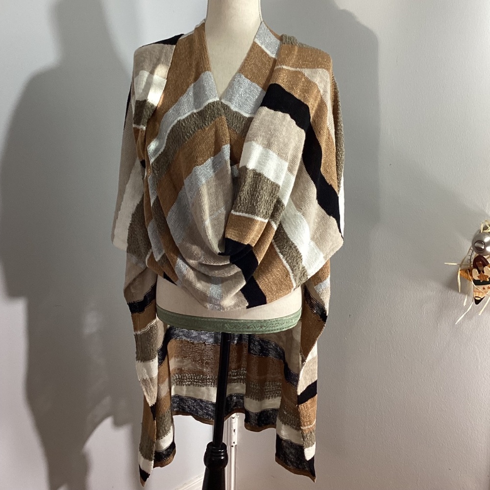 CHICO’S ONE SIZE KNIT PONCHO WRAP SHAWL MULTICOLOR NEUTRAL STRIPES LIGHTWEIGHT - Picture 9 of 11